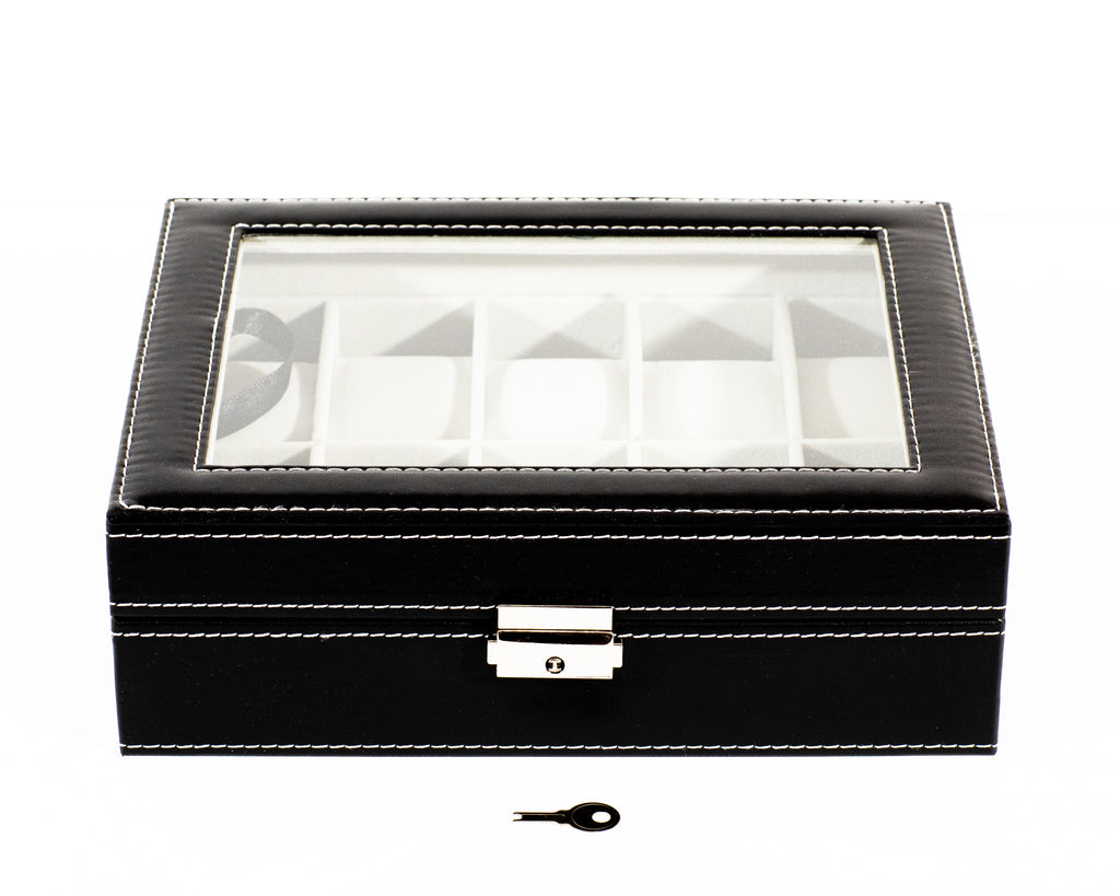 Jewelry Box, 8 Slots Watch Organizer Storage Case with Lock and Mirror for  Men Women Black 