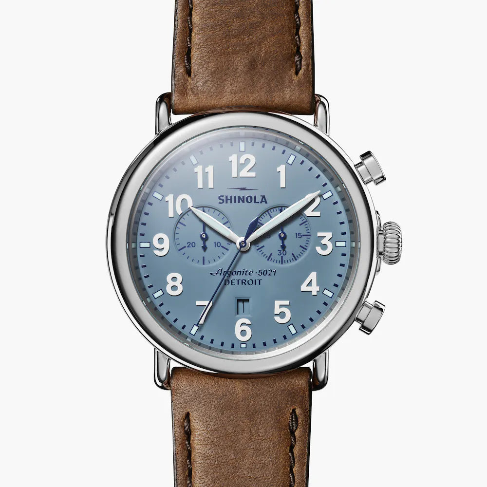 Shinola The Runwell 2 Eye Chrono 47mm Slate Blue Dial British Tan