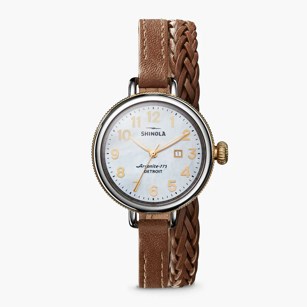 Shinola Birdy 34mm Mother of Pearl Dial Double Whiskey Brown